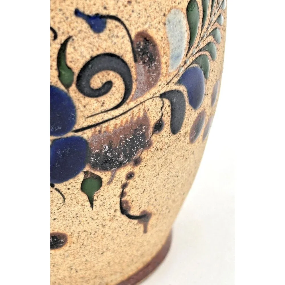 Netzi Tonala Pottery Burnished Clay Vase Hand-Painted Bird Floral Motif‎ Signed